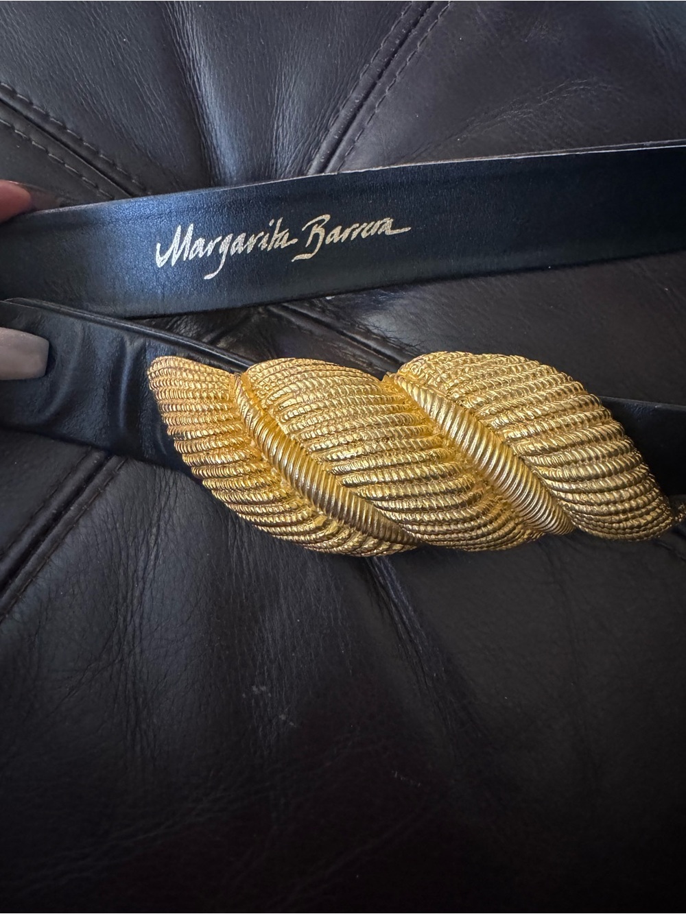 Black Leather Belt with Gold Leaf Buckle - Picture 5 of 5